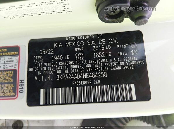 3KPA24AD4NE484258 2022 KIA RIO Белый Вид подкапотного пространства