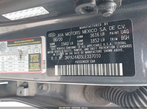 3KPA24AD5LE337010 2020 KIA RIO Серый Вид подкапотного пространства