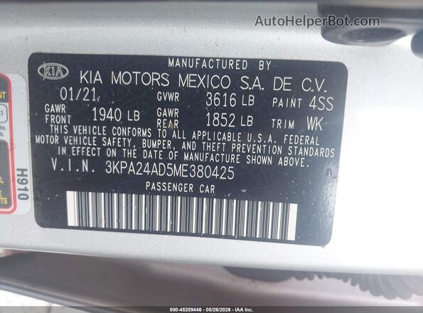 3KPA24AD5ME380425 2021 KIA RIO Silver ძრავის განყოფილების ხედი