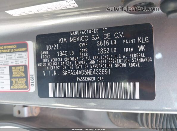 3KPA24AD5NE433691 2022 KIA RIO Серебряный Вид подкапотного пространства
