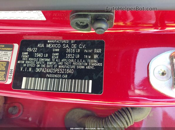 3KPA24AD5PE521840 2023 KIA RIO Red Շարժիչի բաժամունքի տեսք