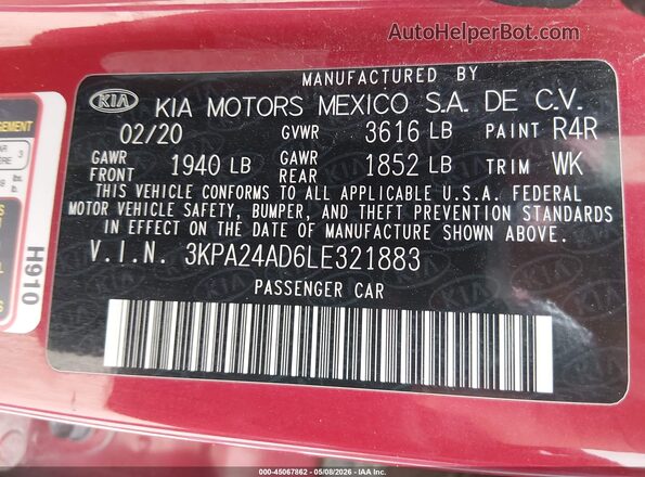 3KPA24AD6LE321883 2020 KIA RIO Red Շարժիչի բաժամունքի տեսք