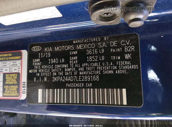 3KPA24AD7LE289168 2020 KIA RIO Blue Vista del compartimento del motor