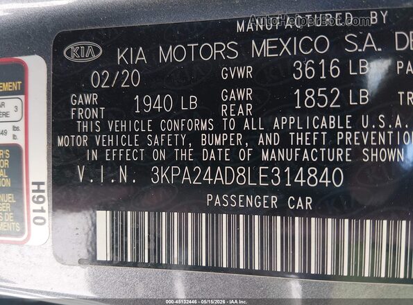 3KPA24AD8LE314840 2020 KIA RIO Silver Շարժիչի բաժամունքի տեսք