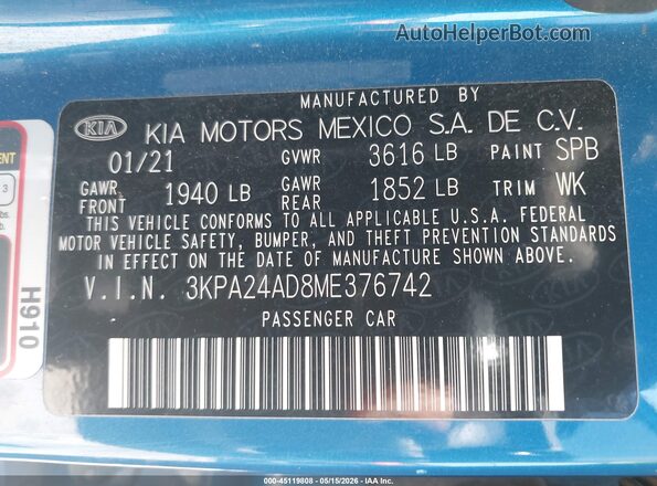 3KPA24AD8ME376742 2021 KIA RIO Blue ძრავის განყოფილების ხედი