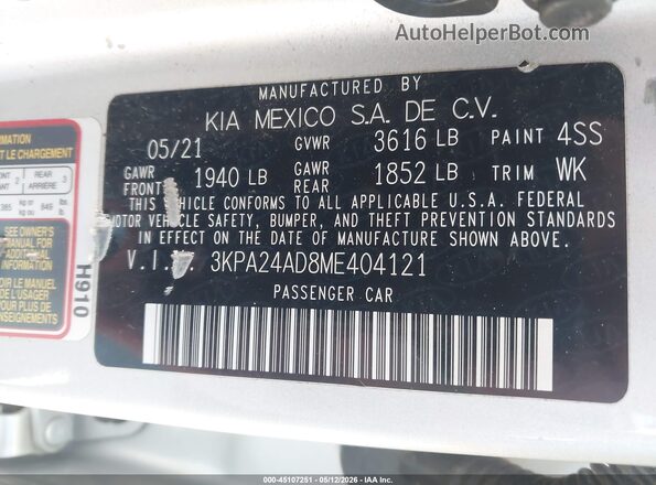 3KPA24AD8ME404121 2021 KIA RIO Silver Շարժիչի բաժամունքի տեսք