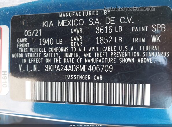 3KPA24AD8ME406709 2021 KIA RIO Blue Engine compartment view
