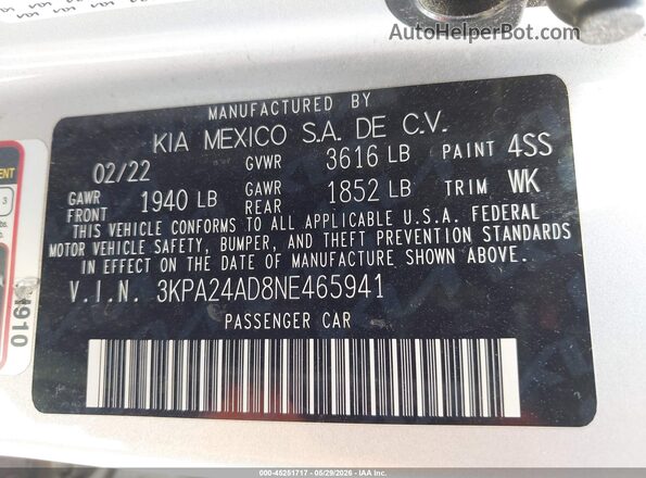 3KPA24AD8NE465941 2022 KIA RIO Серебряный Вид подкапотного пространства