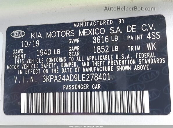 3KPA24AD9LE278401 2020 KIA RIO Silver Շարժիչի բաժամունքի տեսք