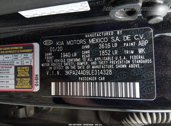 3KPA24AD9LE314328 2020 KIA RIO Black ძრავის განყოფილების ხედი