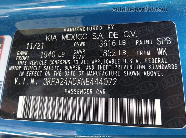 3KPA24ADXNE444072 2022 KIA RIO Синий Вид подкапотного пространства