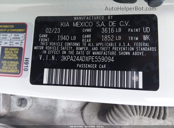 3KPA24ADXPE559094 2023 KIA RIO White Շարժիչի բաժամունքի տեսք