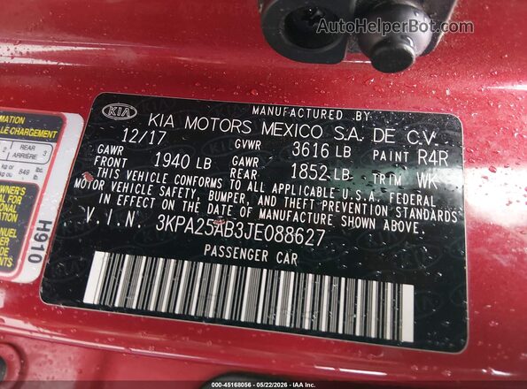 3KPA25AB3JE088627 2018 KIA RIO Red Շարժիչի բաժամունքի տեսք