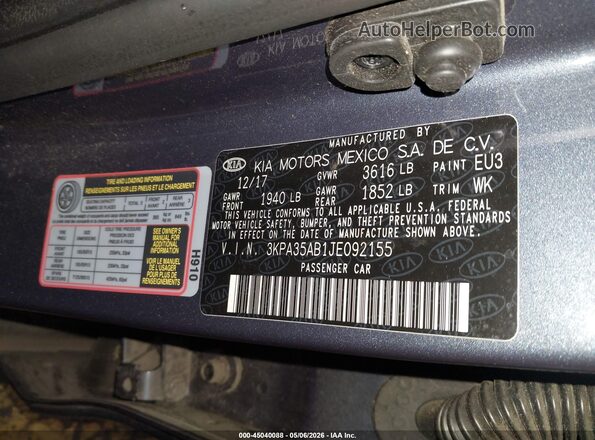 3KPA35AB1JE092155 2018 KIA RIO Blue Շարժիչի բաժամունքի տեսք