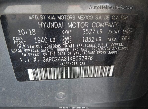 3KPC24A31KE062976 2019 HYUNDAI ACCENT Blue Вид підкапотного простору