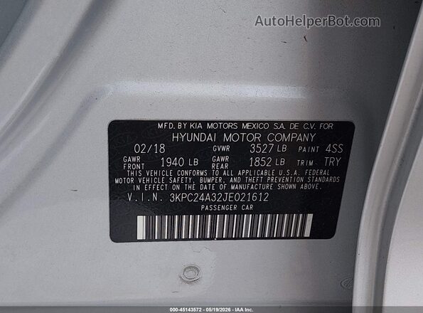 3KPC24A32JE021612 2018 HYUNDAI ACCENT Silver Engine compartment view