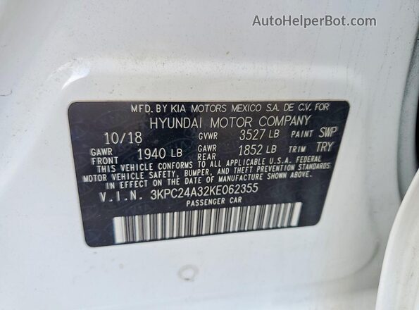 3KPC24A32KE062355 2019 HYUNDAI ACCENT White 