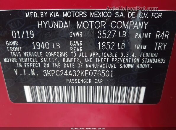 3KPC24A32KE076501 2019 HYUNDAI ACCENT Red Engine compartment view