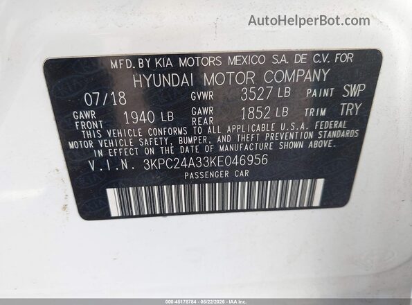 3KPC24A33KE046956 2019 HYUNDAI ACCENT White Engine compartment view