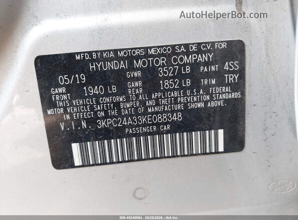 3KPC24A33KE088348 2019 HYUNDAI ACCENT Silver ძრავის განყოფილების ხედი