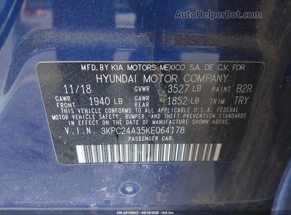 3KPC24A35KE064178 2019 HYUNDAI ACCENT Синий Вид подкапотного пространства