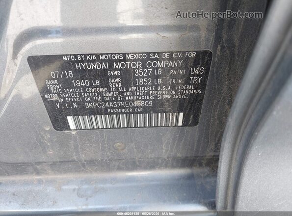 3KPC24A37KE045809 2019 HYUNDAI ACCENT Gray ძრავის განყოფილების ხედი
