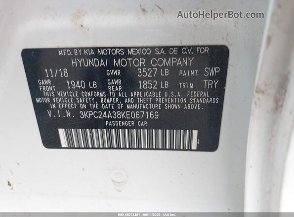 3KPC24A38KE067169 2019 HYUNDAI ACCENT White 