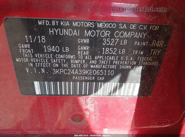 3KPC24A39KE065110 2019 HYUNDAI ACCENT Red Вид підкапотного простору