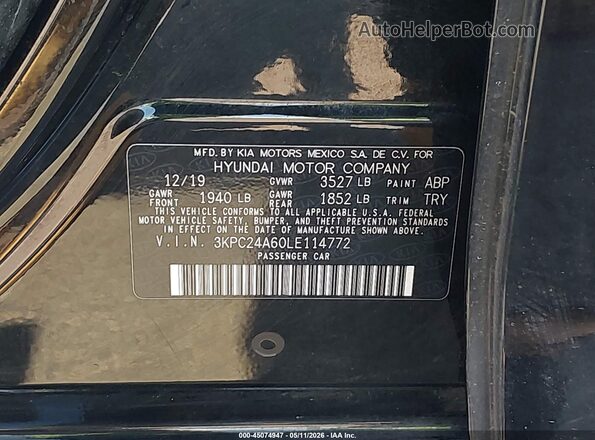 3KPC24A60LE114772 2020 HYUNDAI ACCENT Black ძრავის განყოფილების ხედი