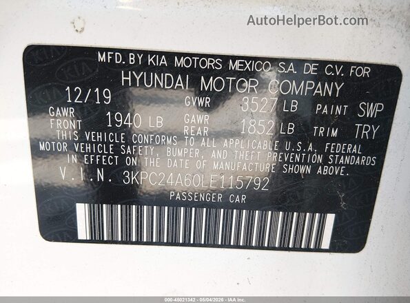 3KPC24A60LE115792 2020 HYUNDAI ACCENT White 