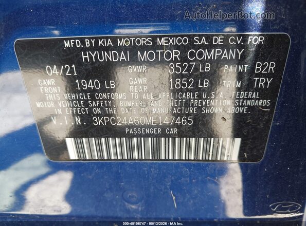 3KPC24A60ME147465 2021 HYUNDAI ACCENT Blue Вид підкапотного простору