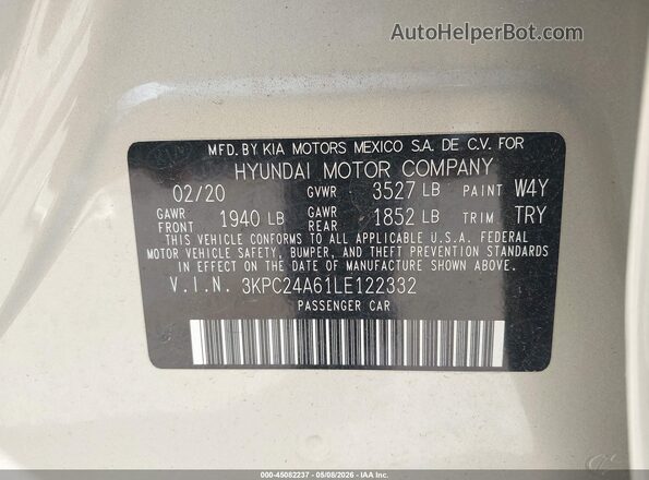 3KPC24A61LE122332 2020 HYUNDAI ACCENT Бежевый Вид подкапотного пространства