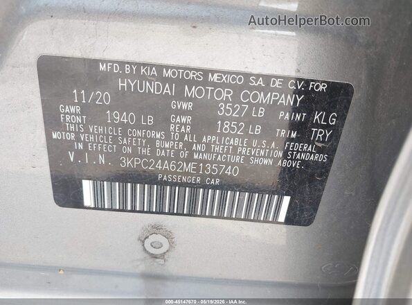 3KPC24A62ME135740 2021 HYUNDAI ACCENT Gray Շարժիչի բաժամունքի տեսք