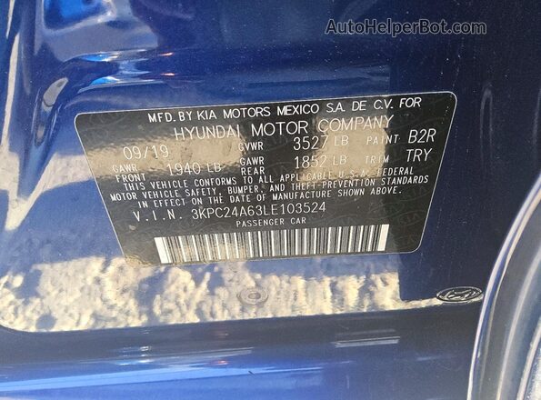 3KPC24A63LE103524 2020 HYUNDAI ACCENT Синий Вид подкапотного пространства
