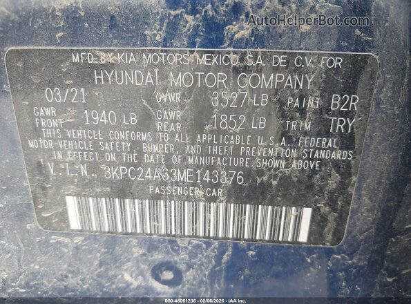 3KPC24A63ME143376 2021 HYUNDAI ACCENT Blue Շարժիչի բաժամունքի տեսք