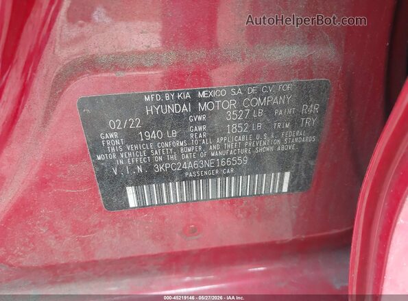 3KPC24A63NE166559 2022 HYUNDAI ACCENT Red 