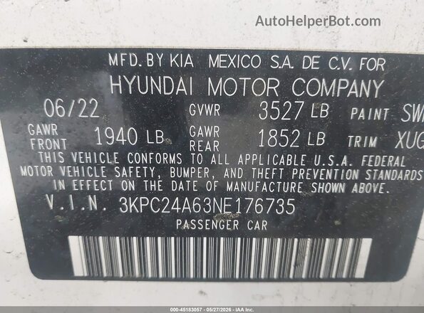 3KPC24A63NE176735 2022 HYUNDAI ACCENT White ძრავის განყოფილების ხედი