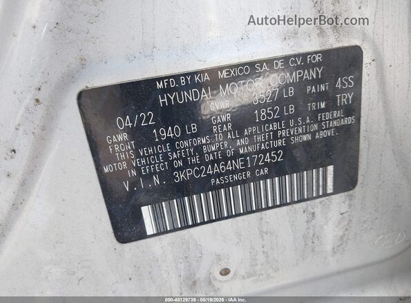 3KPC24A64NE172452 2022 HYUNDAI ACCENT Gray Вид підкапотного простору