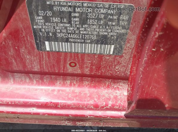 3KPC24A66LE120768 2020 HYUNDAI ACCENT Red Engine compartment view
