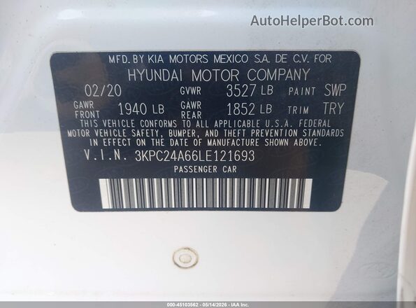 3KPC24A66LE121693 2020 HYUNDAI ACCENT White Շարժիչի բաժամունքի տեսք