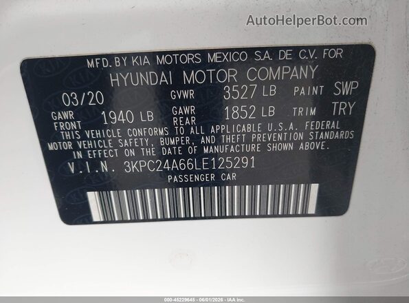 3KPC24A66LE125291 2020 HYUNDAI ACCENT White Widok komory silnika