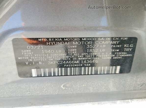 3KPC24A66ME143646 2021 HYUNDAI ACCENT Серый 