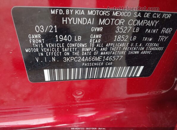 3KPC24A66ME146577 2021 HYUNDAI ACCENT Красный Вид подкапотного пространства