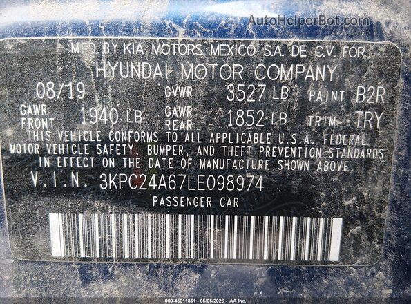 3KPC24A67LE098974 2020 HYUNDAI ACCENT Blue Вид підкапотного простору