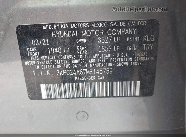 3KPC24A67ME145759 2021 HYUNDAI ACCENT Gray Вид підкапотного простору