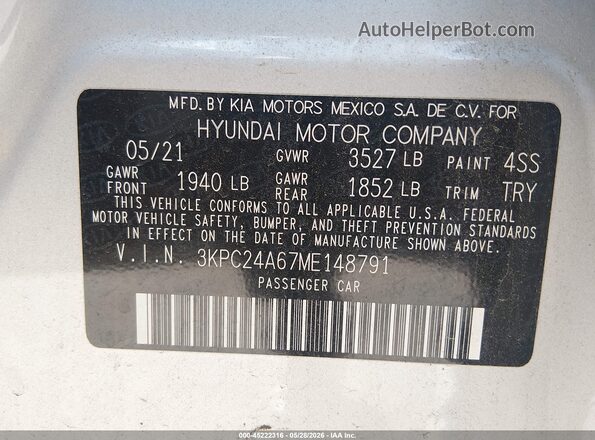 3KPC24A67ME148791 2021 HYUNDAI ACCENT Gray 