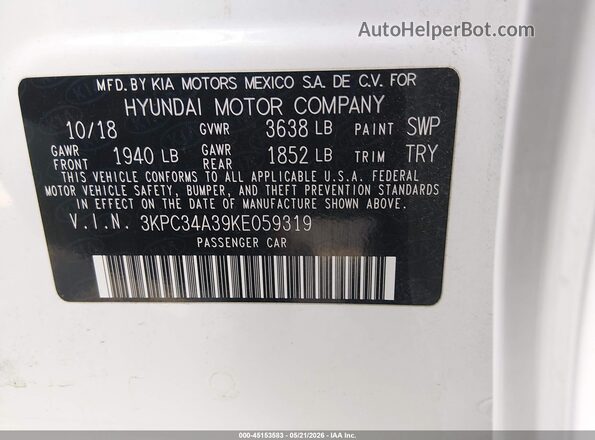 3KPC34A39KE059319 2019 HYUNDAI ACCENT White Vista del compartimento del motor