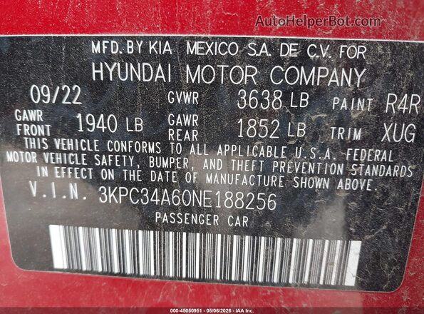 3KPC34A60NE188256 2022 HYUNDAI ACCENT Red Widok komory silnika