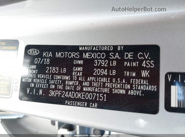 3KPF24AD0KE007151 2019 KIA FORTE Silver ძრავის განყოფილების ხედი