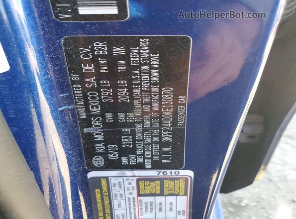 3KPF24AD0KE130870 2019 KIA FORTE Синий 